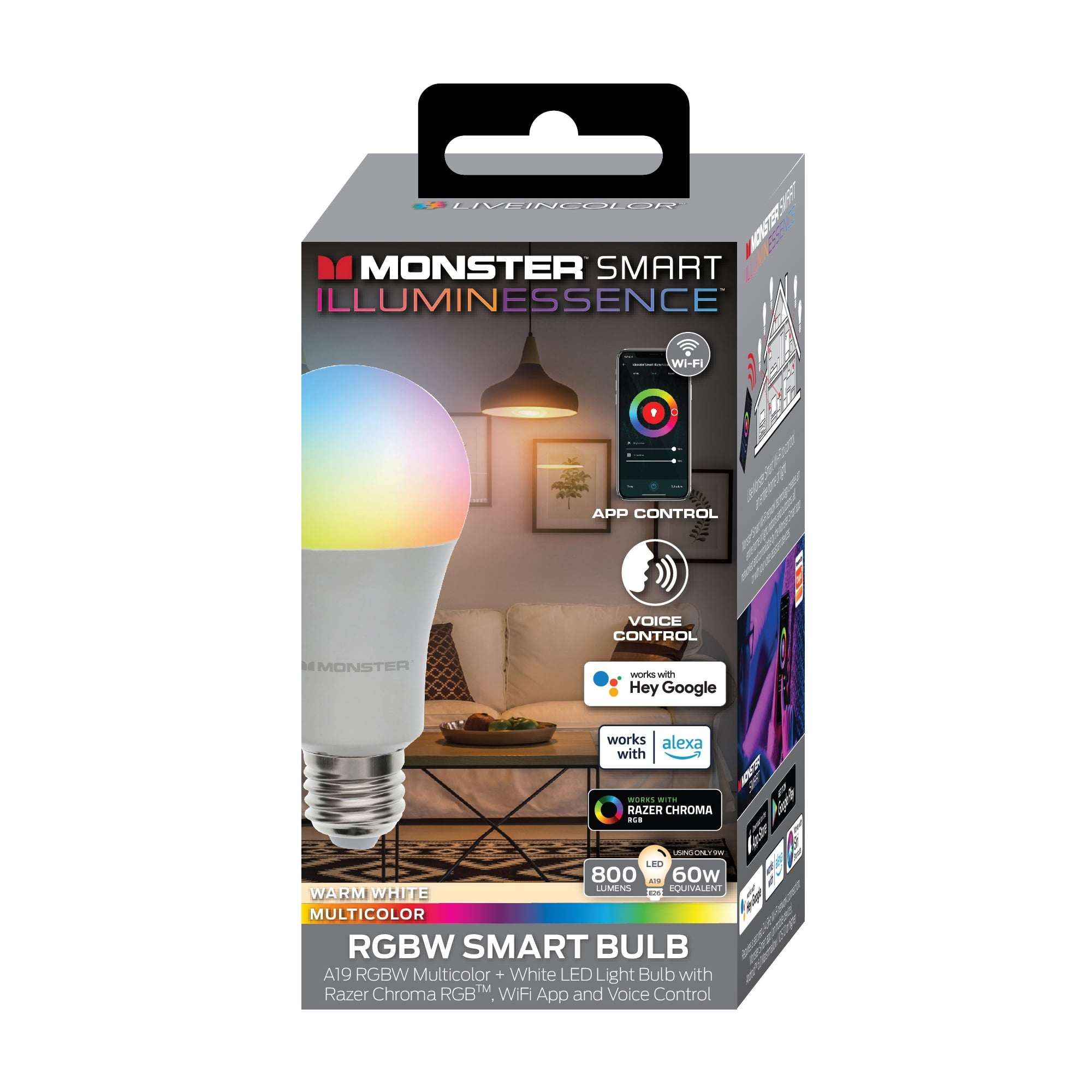 Monster LED Smart Wi-Fi Multi-Color and Warm-White LED Light Bulb, Indoor 60W, E26, A19, 1-Pack