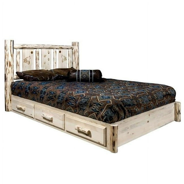 Montana Platform Bed with Storage, Twin with Laser Engraved Wolf Design