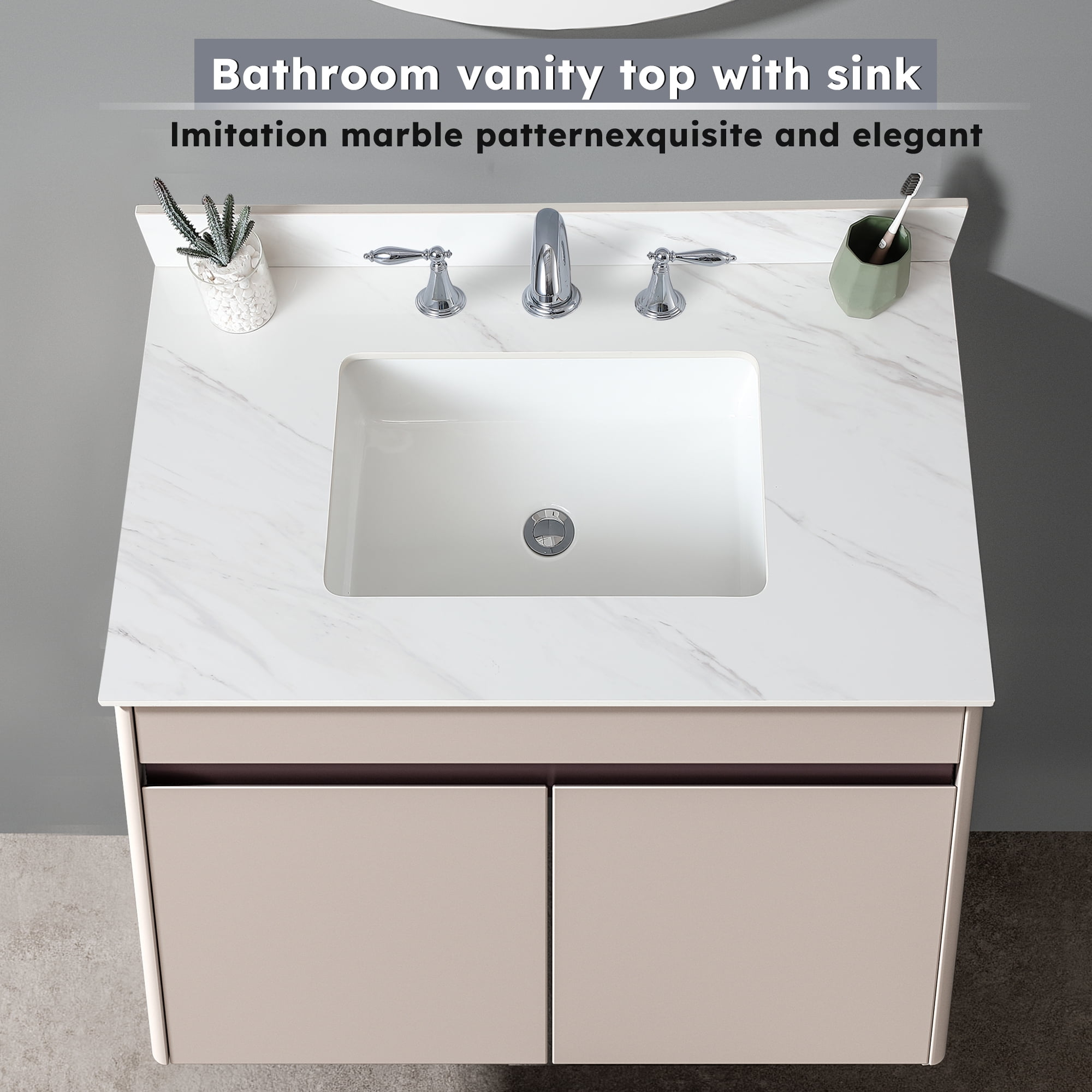 Montary 37 Inch Marble Vanity Top, White Vanity Top with Pre-drilled Faucet Holes, Bathroom Vanity Top with Undermount Rectangular Middle Sink and 4" Height Backsplash, Bianco Carrara Venato