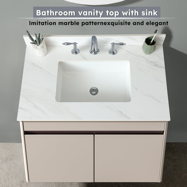 Montary 37 Inch Marble Vanity Top, White Vanity Top with Pre-drilled Faucet Holes, Bathroom Vanity Top with Undermount Rectangular Middle Sink and 4" Height Backsplash, Bianco Carrara Venato