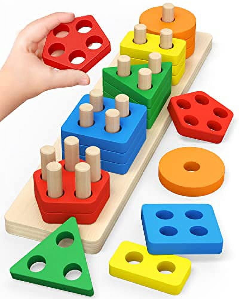 PEBIRA Montessori Toys for 1 to 3-Year-Old Boys Girls Toddlers, Wooden Sorting & Stacking Toys for Toddlers and Kids Preschool, Educational Color Recognition Shape Sorter, Learning Puzzles Gift