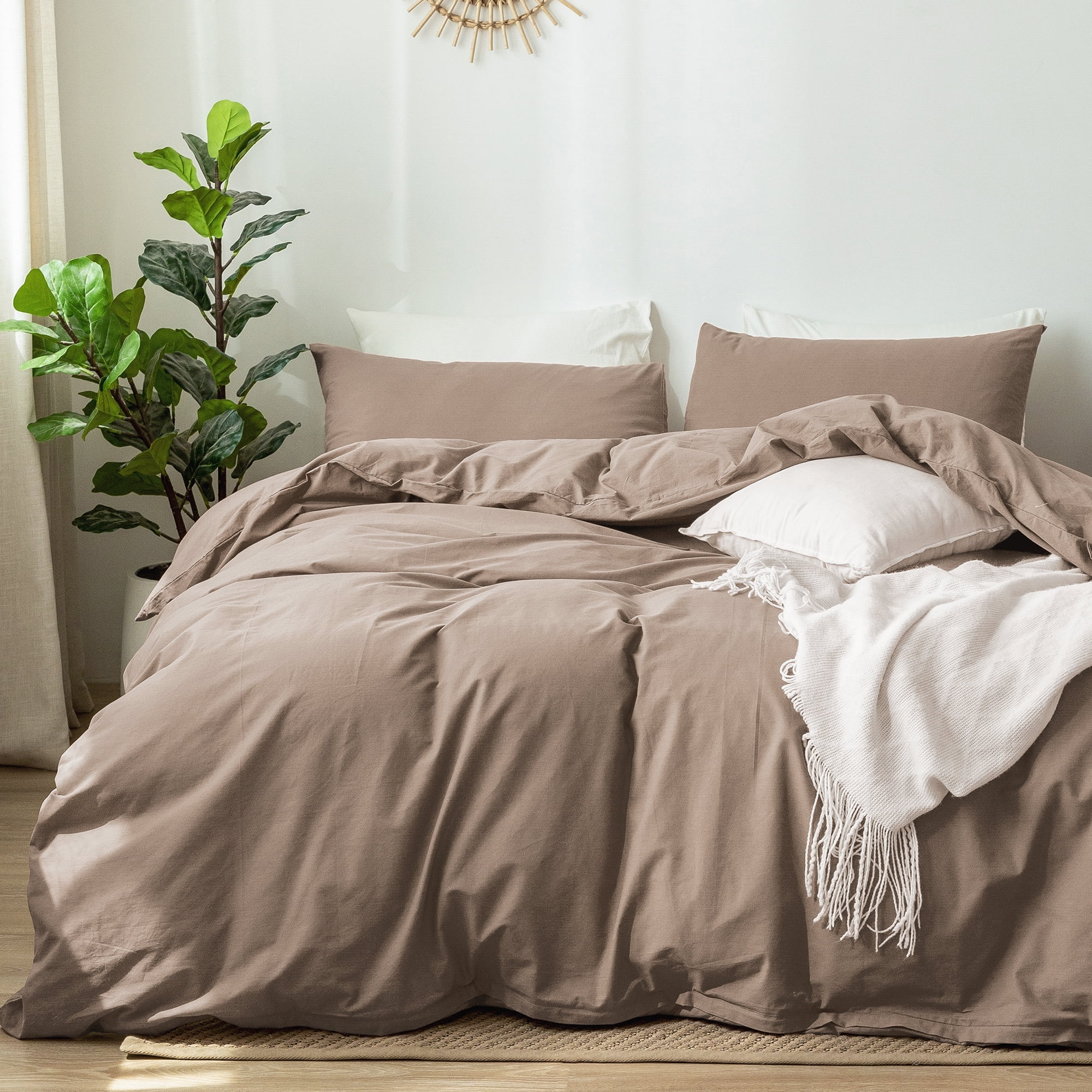 MooMee Washed Cotton Duvet Cover Set Linen Like Textured Breathable 3-Piece (Brown, Queen)