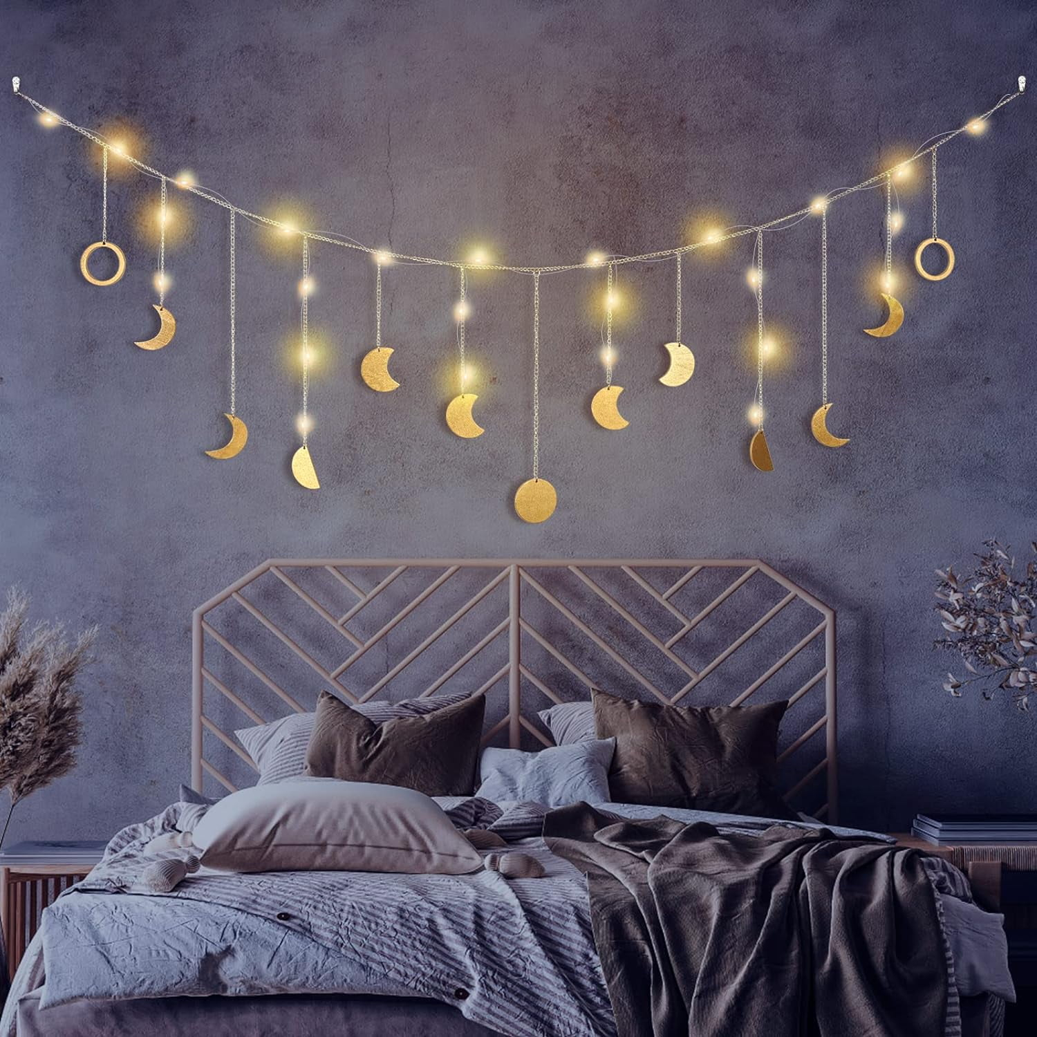 Moon Phase Wall Decor with LED String Light, 13 Gold Wood Boho Wall Hanging Decor Mood Garland 56'' - Celestial Phases Moon Decor in Bohemian Style for Bedroom Home Living Room Independence Day Gifts