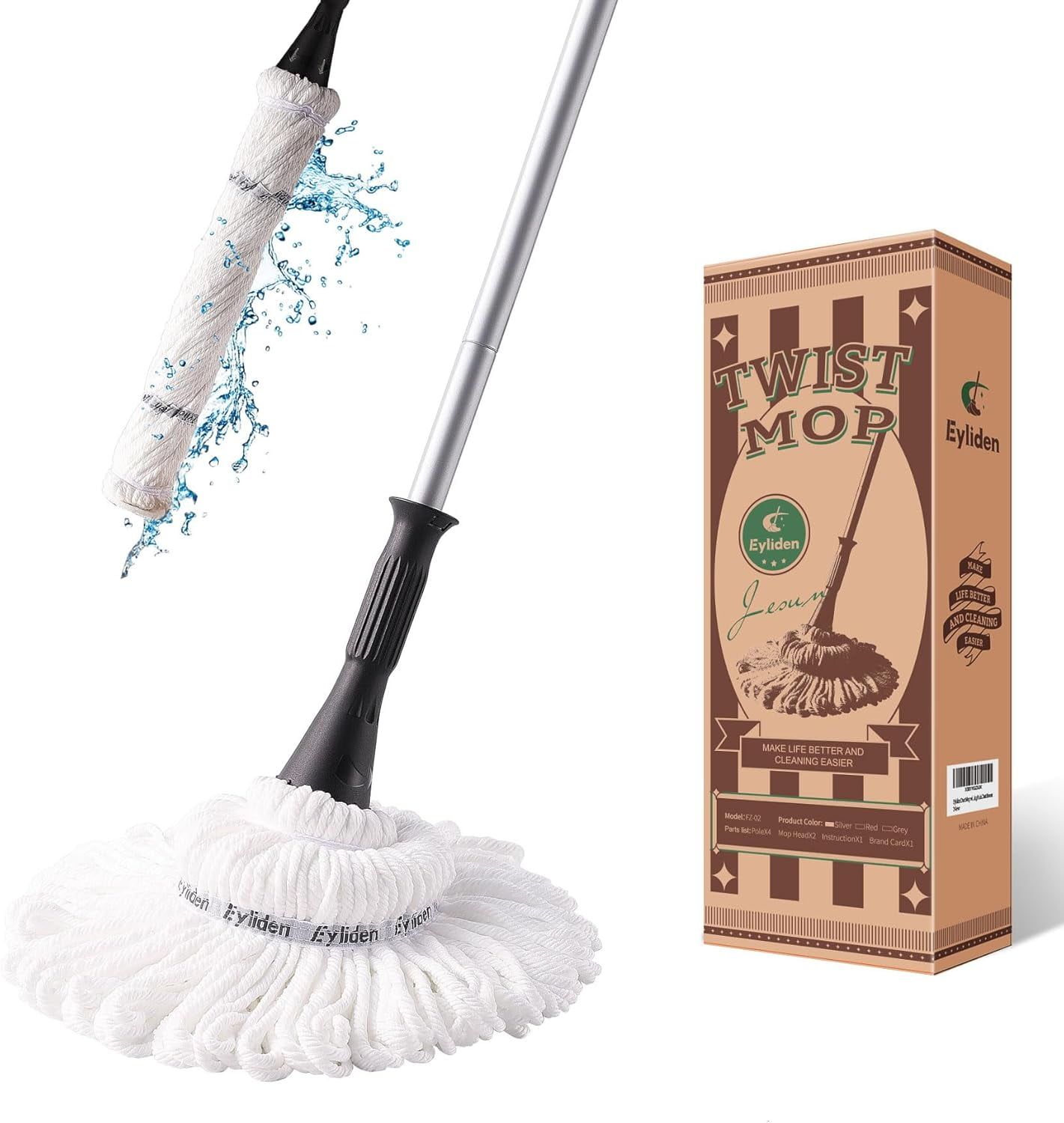 Eyliden Cotton Twist Mop for Floor Cleaning with 2 Reusable Heads, 57.5 inch Silver Long Handle, White Color