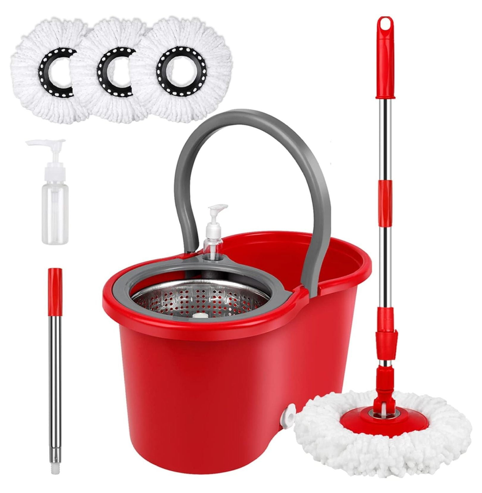 Spin Mop and Bucket Set, 360° Spin Mop and Bucket with Wringer Set and 3 Microfiber Mop Replacement Heads Refills, 61" Stainless Steel Extended Handle Spinning Mop Bucket System for Floor Cleaning