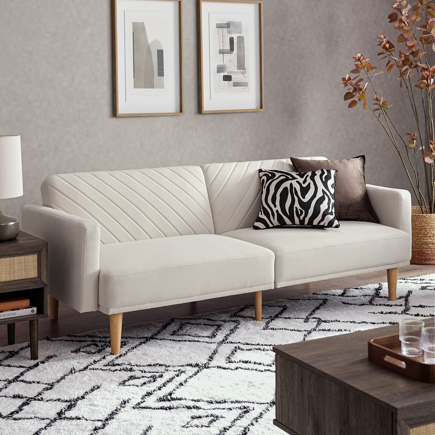 Snow Velvet Chevron Tufted Split Back Futon Sofa