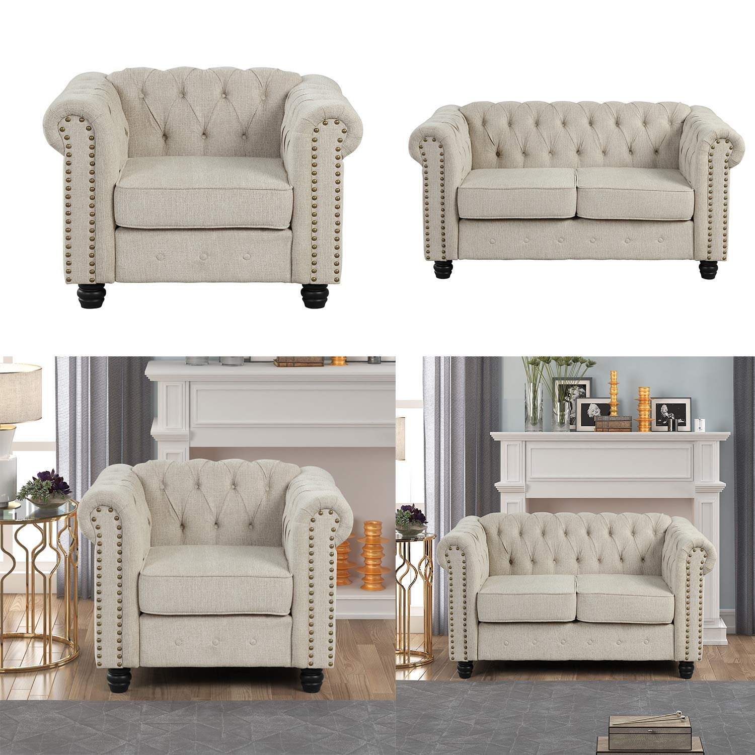 Morden Fort Beige Sofa Set for Living Room Furniture Button Tufted Chair and Loveseat 2 Pieces Fabric