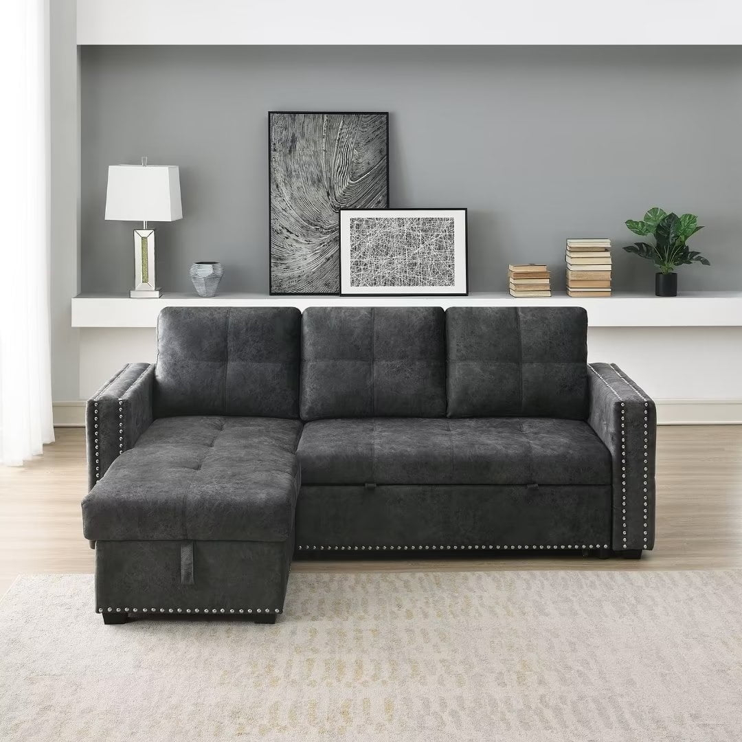 Morden Fort Modern Reversible L-shaped Sleeper Sectional Sofa Bed with Storage Chaise Black Right Facing Modern & Contemporary, Vintage