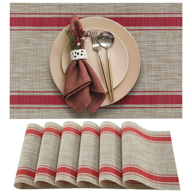 More Décor Dining Table Placemats, Washable Heat-Resistant PVC Vinyl Table Mats for Dining Room and Kitchen, Anti-Slip - Set of 6 - Horizontal Striped Red - Grey