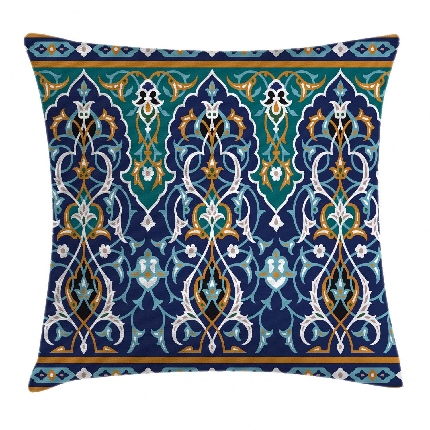 Moroccan Throw Pillow Cushion Cover, Ethnic Oriental Figure Petals Hippie Vintage Tribal Mosaic Design, Decorative Square Accent Pillow Case, 24 X 24 Inches, Blue Mustard, by Ambesonne