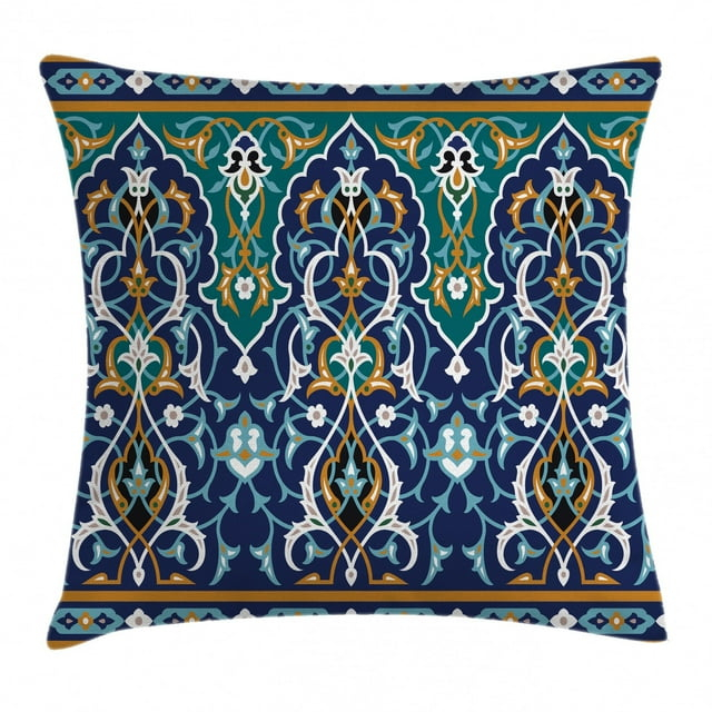 Moroccan Throw Pillow Cushion Cover, Ethnic Oriental Figure Petals Hippie Vintage Tribal Mosaic Design, Decorative Square Accent Pillow Case, 24 X 24 Inches, Blue Mustard, by Ambesonne