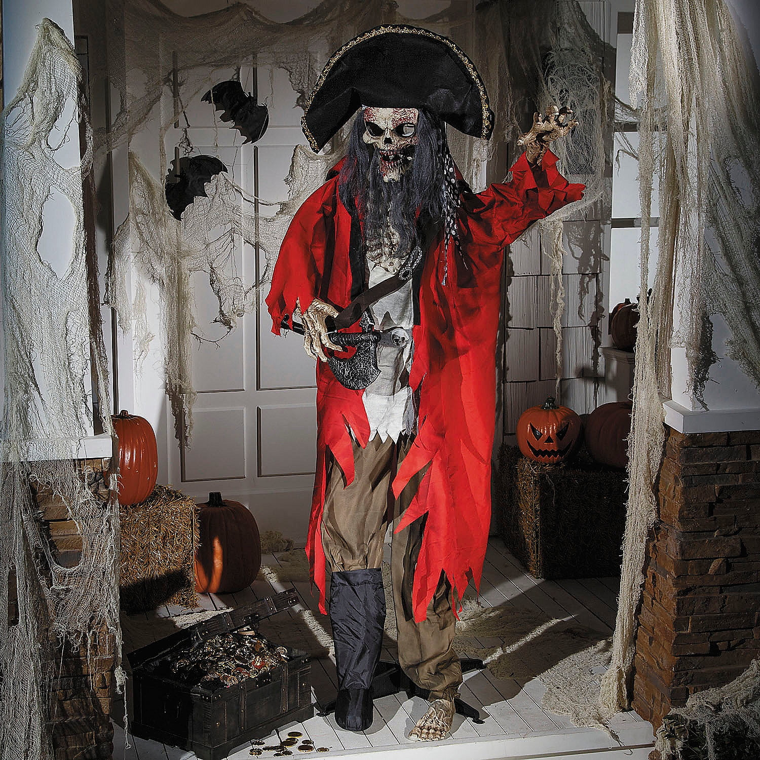 Morris Costumes 6.2 ft Standing Animated Skeleton Pirate Decoration - Red