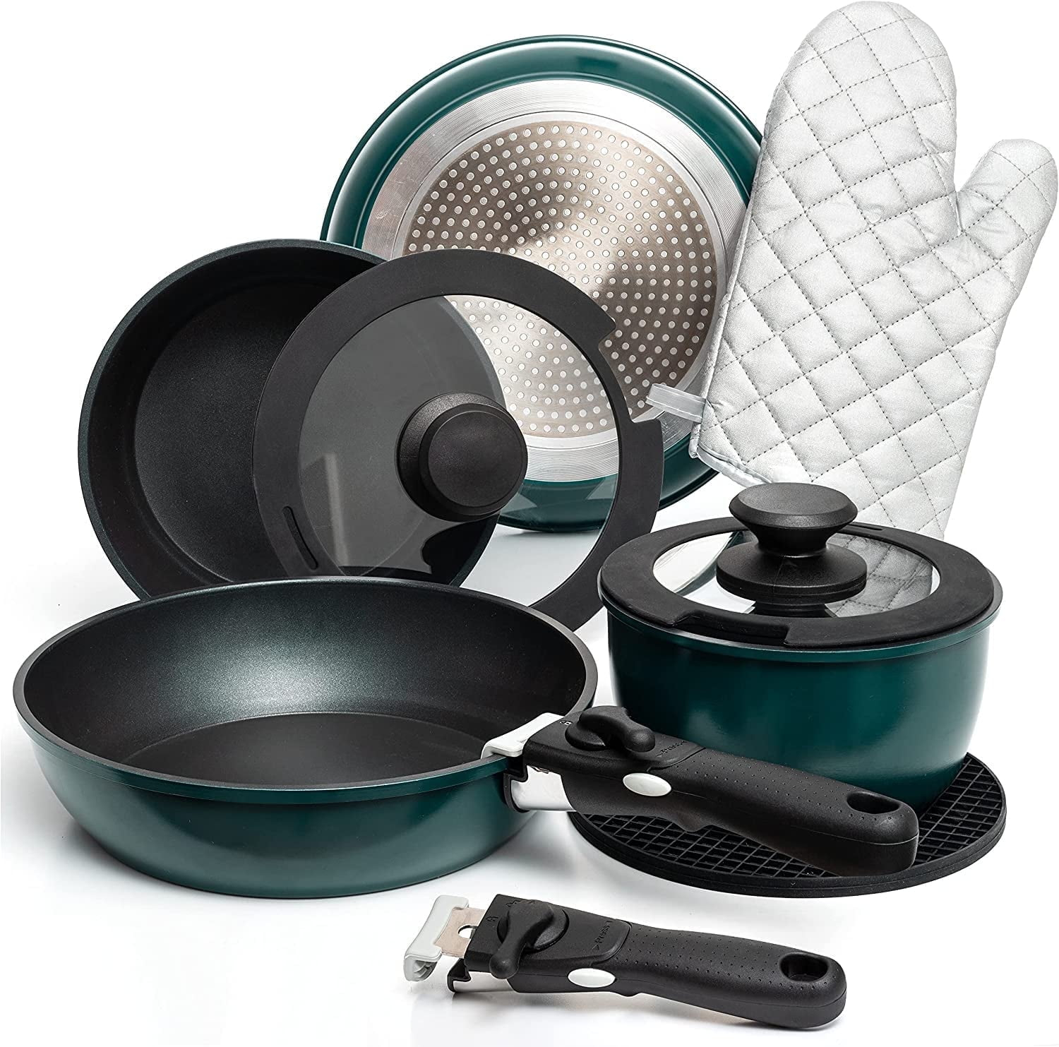 Moss & Stone 10 Pcs Blue Pots And Pans Set Removable Handle, Induction Cookware Set, Stackable Pots And Pans Set Dishwasher Safe, Detachable Handle Pots And Pans, Camping Cookware Set Non Stick