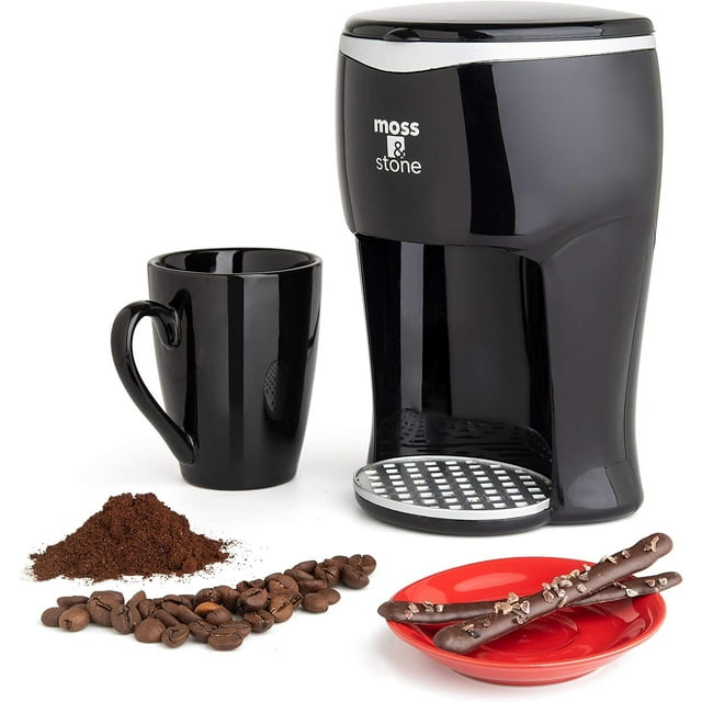 Moss & Stone Mini Drip Coffee Maker with Mug, Small Coffee Pot, One Cup Coffee Machine (1 Drip & 4oz Mug)