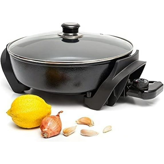 Moss & Stone Round Nonstick Electric Skillet With Lid, Aluminum 12 Inch Electric Frying Pan, 2 Layers Of Non-Stick Coating, Adjustable Temperature Control, Lid With Steam Vent, Electric Deep Skillet