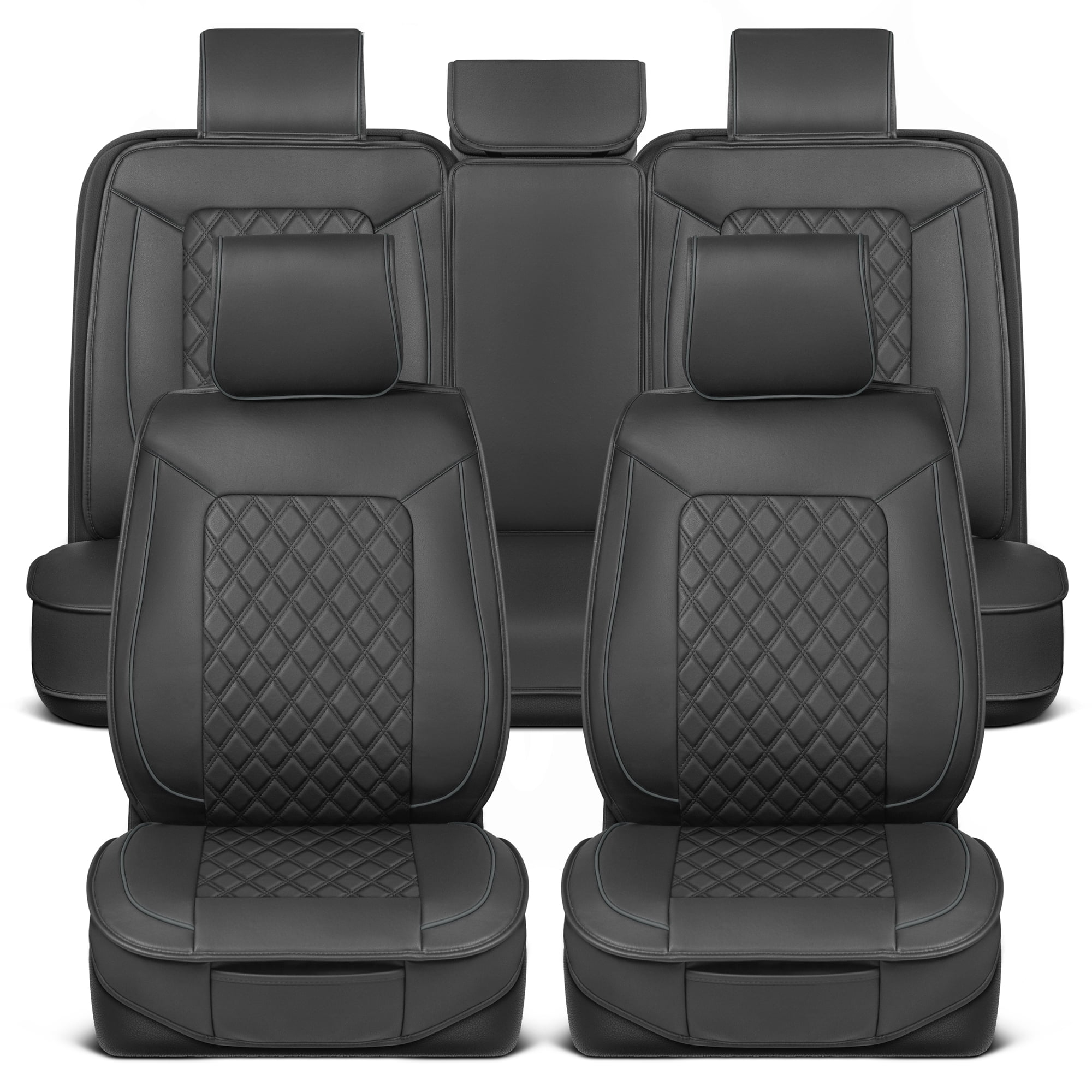 MotorBox Car Seat Covers Prestige Edition Faux Leather Black & Beige Seat Covers for Car Diamond Stitched Cushioned Seat Protectors for Auto, Trucks, SUV, Car Full Set