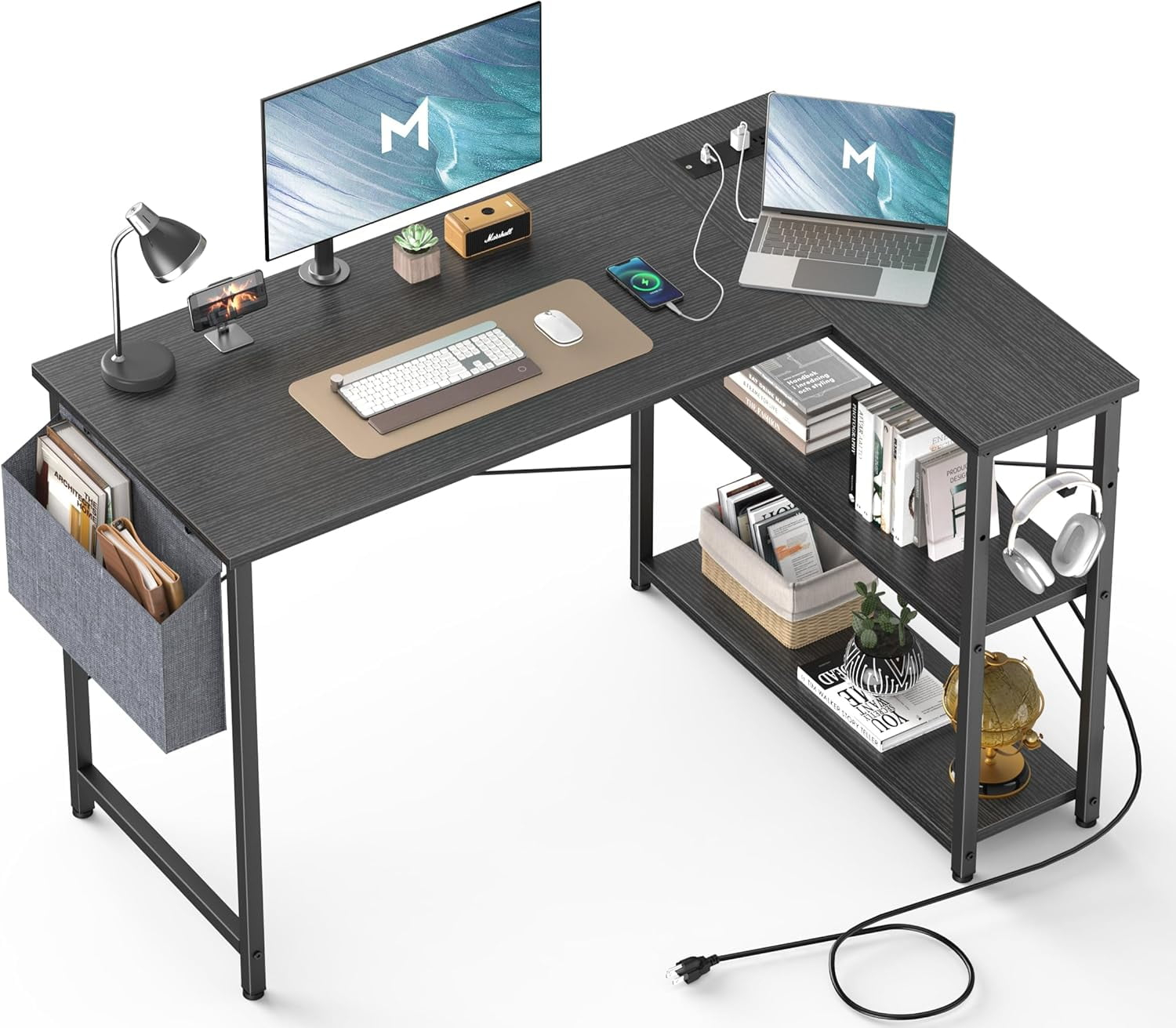 Mr IRONSTONE L Shaped Desk with Outlets & USB Ports, Reversible 47 Inch Office Desk, Corner Desk for Small Space, Home Office Desk with Storage Bag & Hook, Black