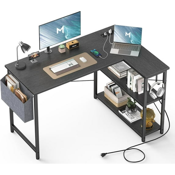 Mr IRONSTONE L Shaped Desk with Outlets & USB Ports, Reversible 47 Inch Office Desk, Corner Desk for Small Space, Home Office Desk with Storage Bag & Hook, Black
