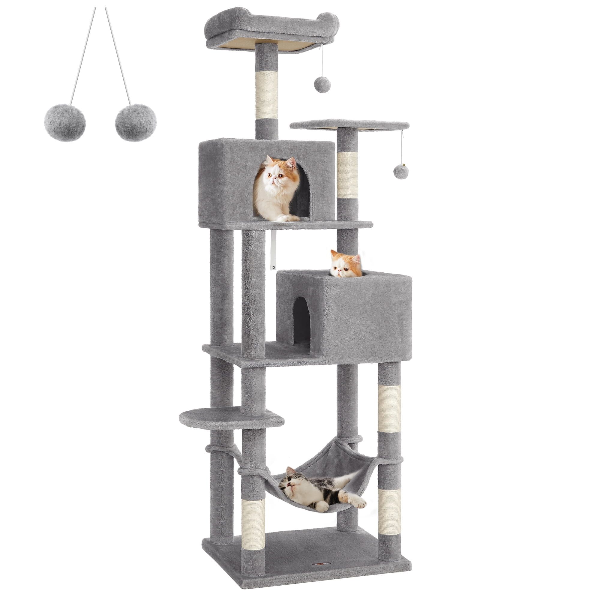 Feandrea Cat Tree, 75.2-Inch Cat Tower for Indoor Cats, Plush Multi-Level Cat Condo with 5 Scratching Posts, 2 Perches, 2 Caves, Hammock, 2 Pompoms, Light Gray UPCT191W01