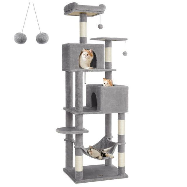 Feandrea Cat Tree, 75.2-Inch Cat Tower for Indoor Cats, Plush Multi-Level Cat Condo with 5 Scratching Posts, 2 Perches, 2 Caves, Hammock, 2 Pompoms, Light Gray UPCT191W01