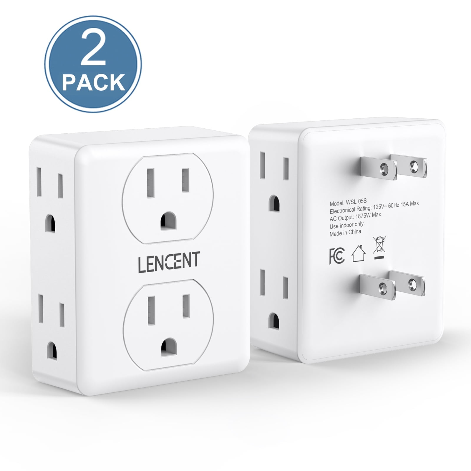 LENCENT Multi Wall Plug Outlet Extender,2 to 3 Prong Outlet Adapter 2 Pack,6 Way outlet Multiple Plugs Outlets Splitter,3-Sided Power Strip,Non-Grounded for Home Office Wall Tap Electrical Outlet