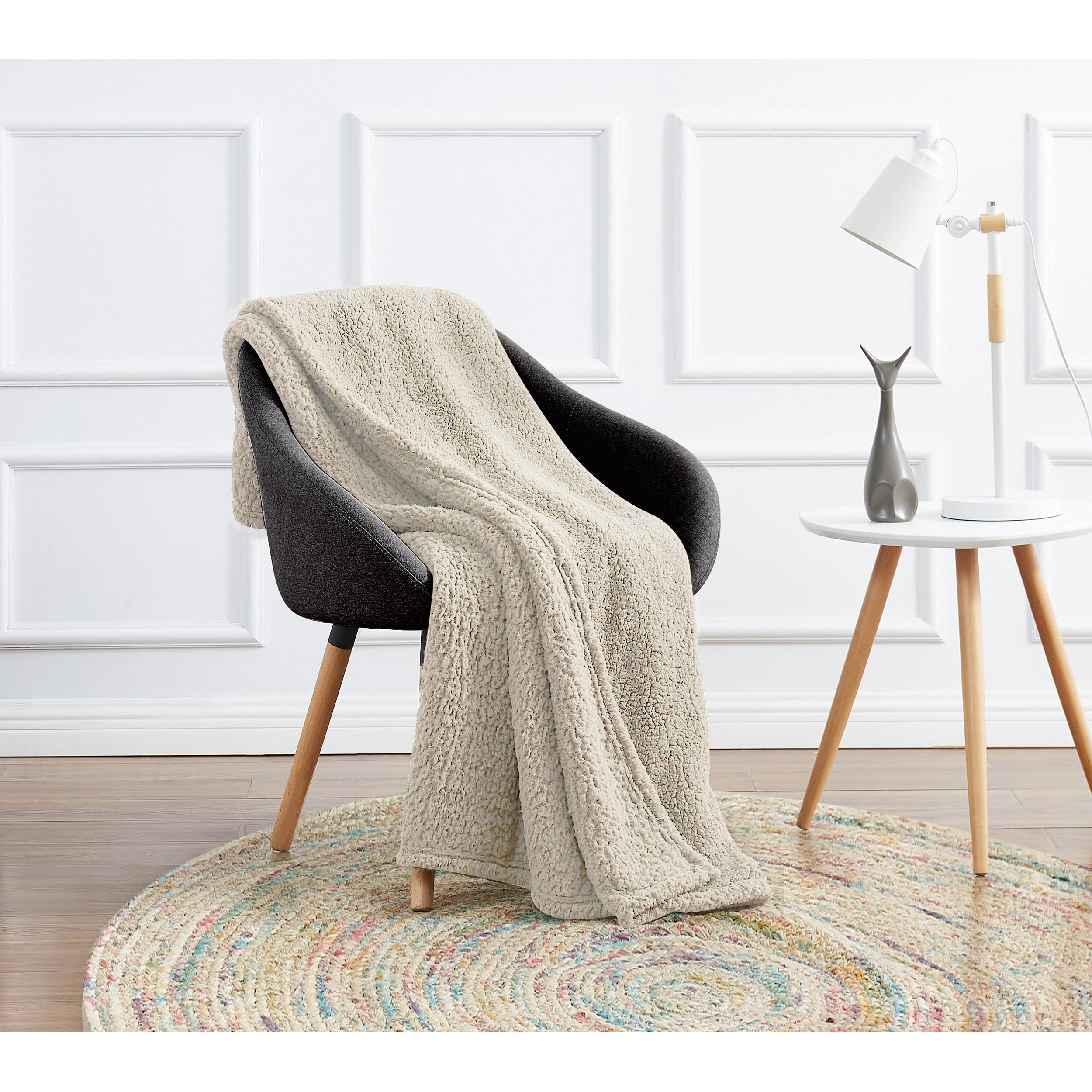 My World Sherpa Knit Fleece Throw Blanket, Ivory Off-White, Standard Throw