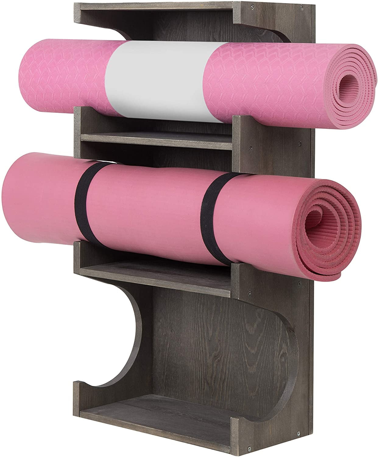 MyGift Wall-Mounted Vintage Gray Wood 3-Tier Yoga and Barre Mats Storage Rack