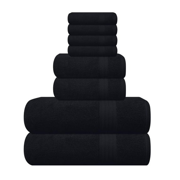 MALLONI HOME 8 Piece Towel Set 100% Ring Spun Cotton, 2 Bath Towels 27x54, 2 Hand Towels 16x28 and 4 Washcloths 13x13 - Ultra Soft Highly Absorbent Machine Washable Hotel Spa Quality - Black