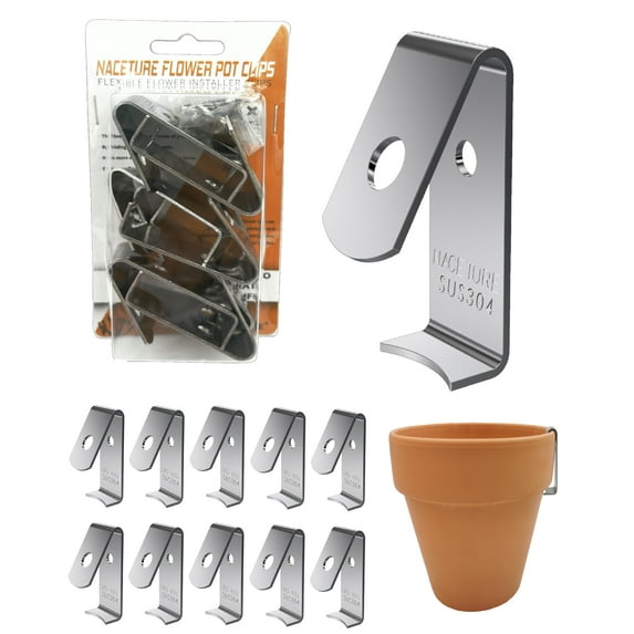 NACETURE Stainless Steel Plant Hangers Flower Pot Clips 12 Pcs - Outdoor Wall Hook Metal Plant Stand Holds 5" to 8" Standard Flower Pot