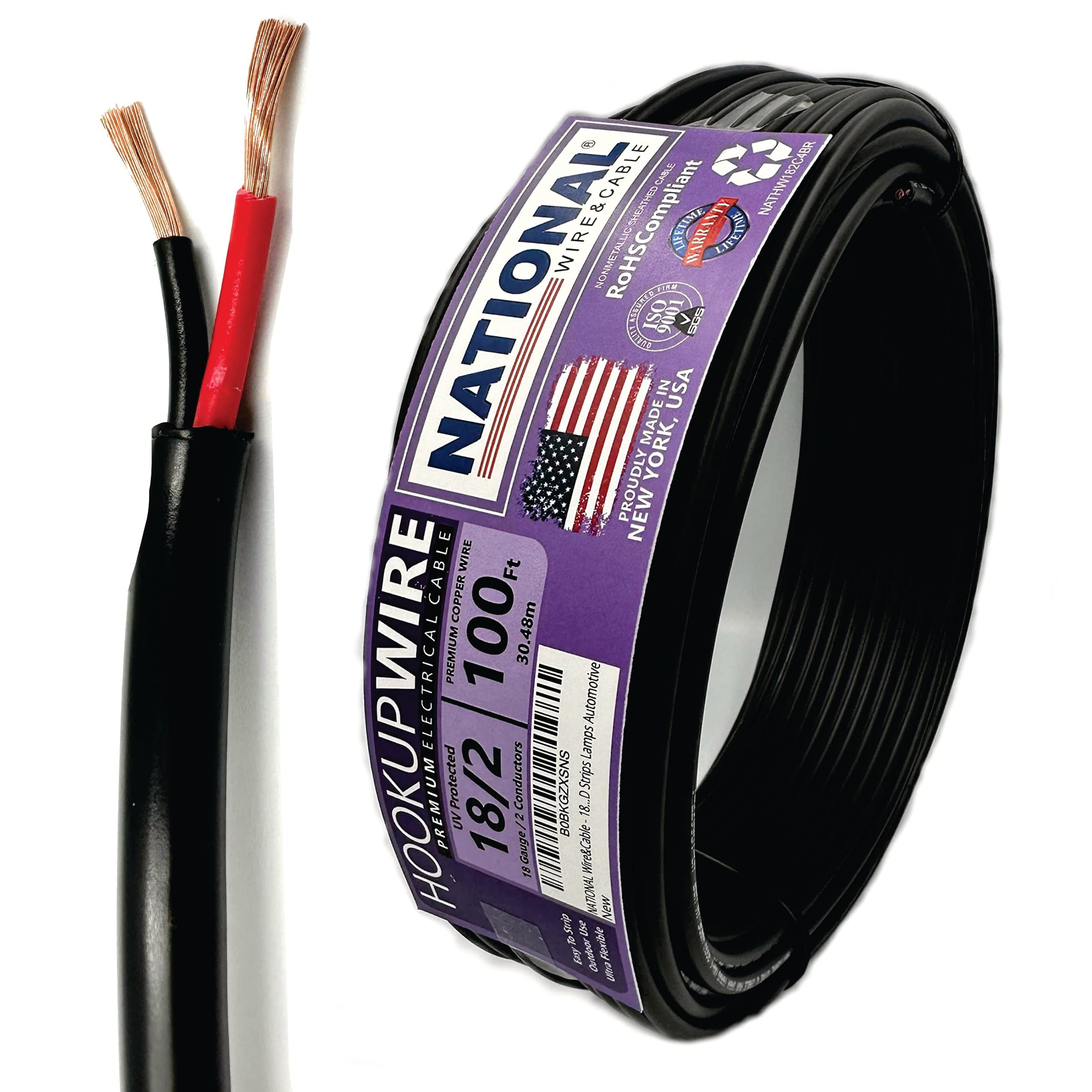 NATIONAL Wire&Cable - Premium Electrical Wire - 18 Gauge 2 Conductors - 100Ft - Made in USA