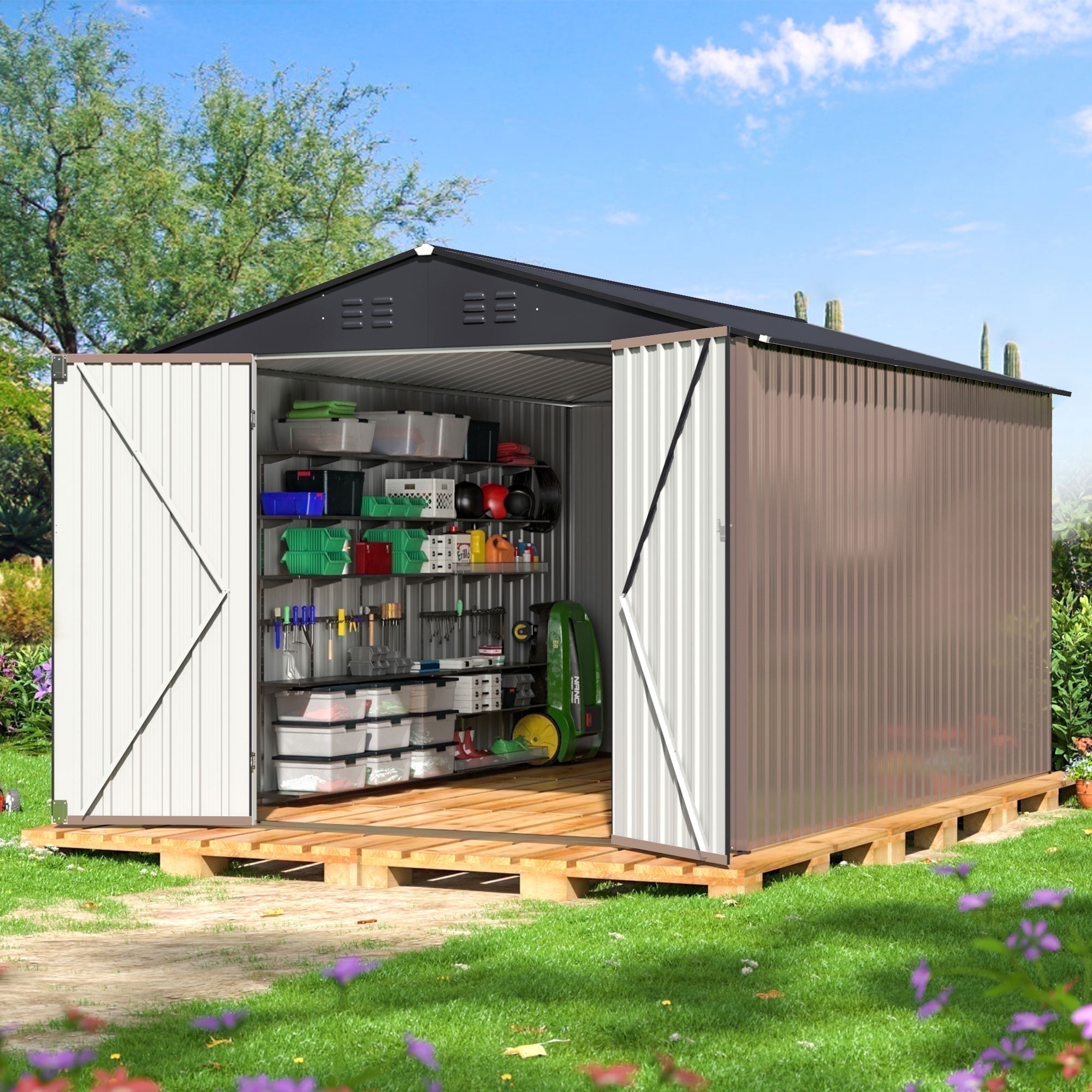 NETAJE 8'x12' Outdoor Metal Storage Shed with Upgraded Frame and Lockable Doors for Backyard, Garden, Lawn, Brown