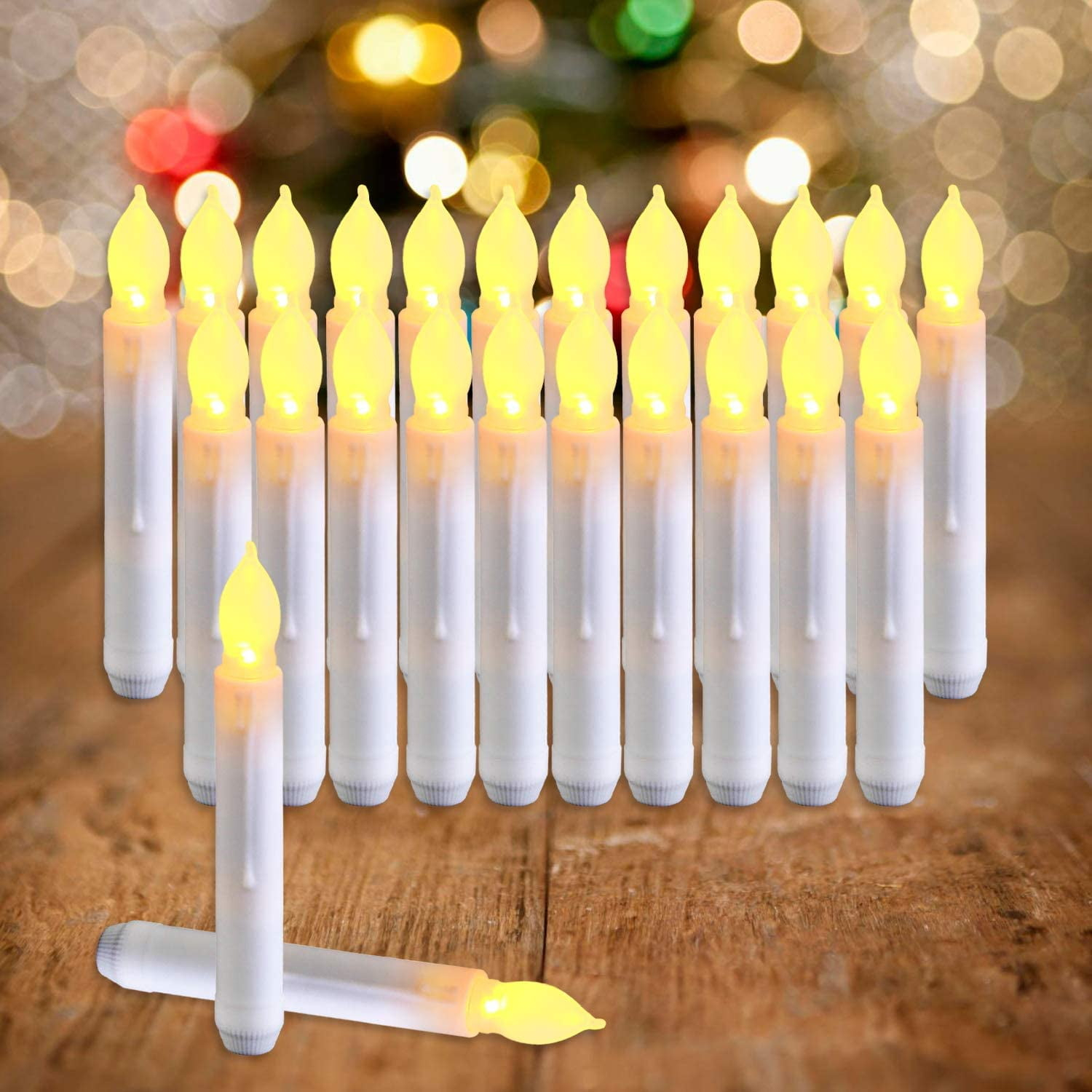 NEWEEN Set of 24 Flamelesss LED Taper Candles with Warm White Flickering Flame Light, Battery Operated Floating Candles, LED Taper Handheld Candlesticks for Church Party Halloween Decorations