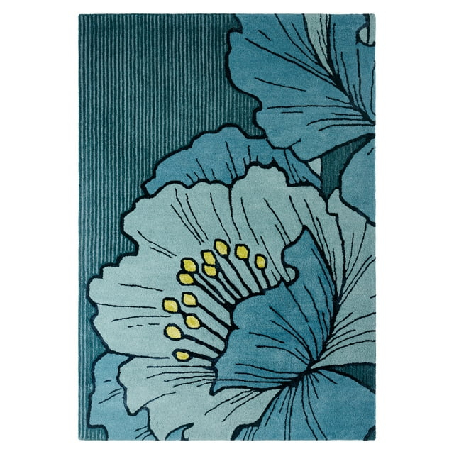 NICOLE MILLER NEW YORK Flora Grandeur Bloom Handcrafted Area Rug, Natural Wool Rug, Bold Floral Rug, Blue, 6'x9'