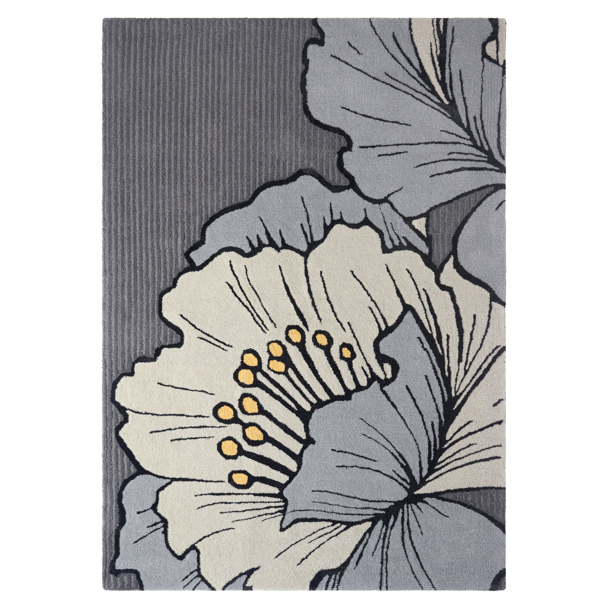 NICOLE MILLER NEW YORK Flora Grandeur Bloom Handcrafted Area Rug, Natural Wool Rug, Bold Floral Rug, Grey, 6'x9'