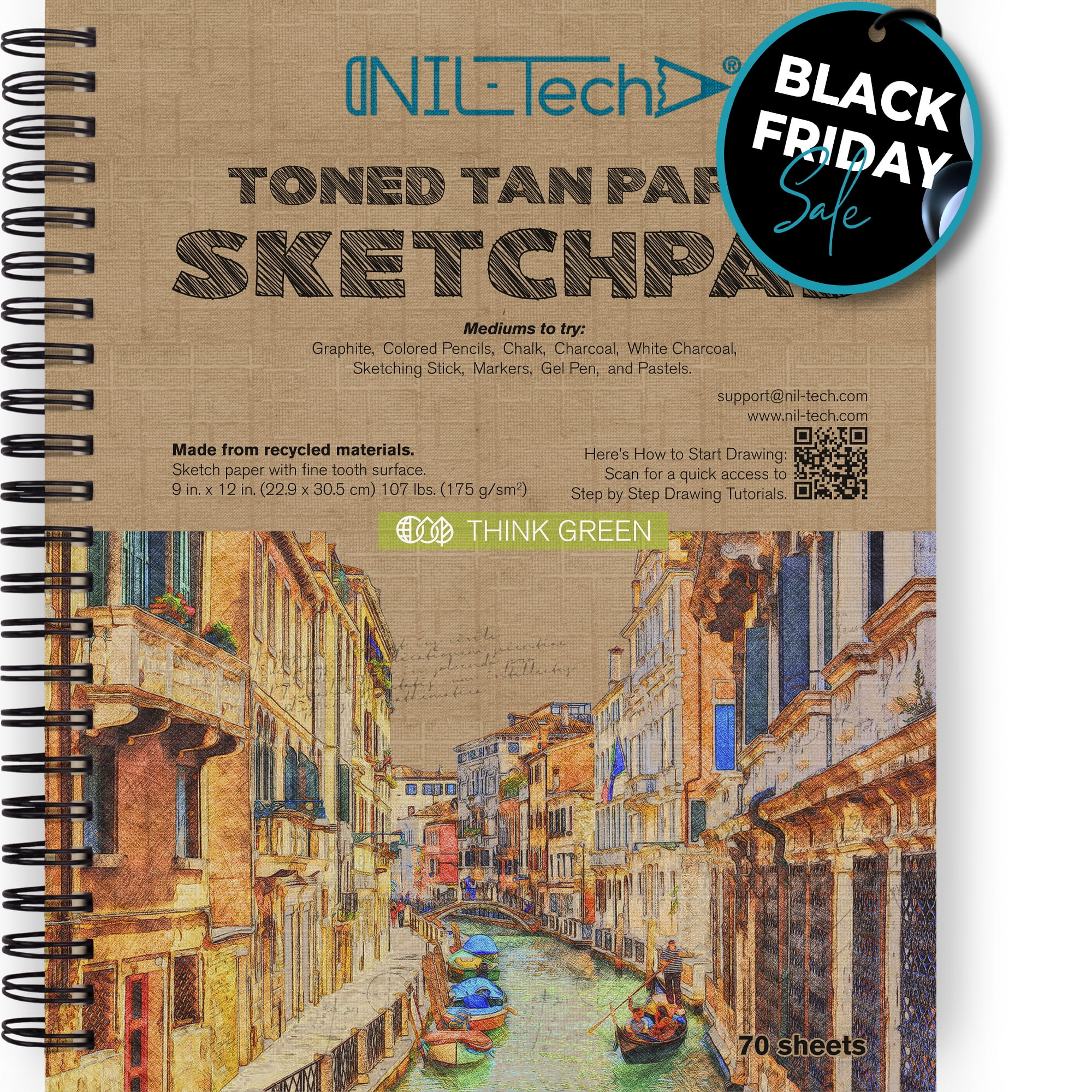 NIL - Tech70 Sheets Premium Toned Tan Sketchbook - 9x12 inches (107 lb/175 GSM) Spiral Bound Drawing Paper Pad for Markers, Colored Pencils, Chalk, Oil Pastels, Charcoal Pencils and Graphite
