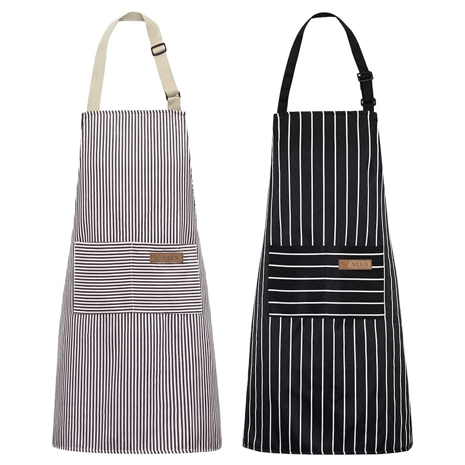 NLUS 2 Pack Cooking Aprons for Women Men with 2 Pockets, 29.5" x 26.8" (Black/Brown Stripes)