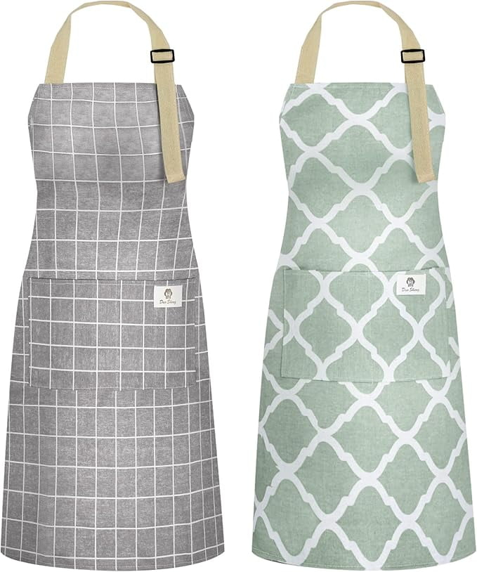 2 Pieces Aprons for Women with Pockets, Cotton Linen Waterproof Kitchen Cooking Aprons, Chef Apronfor Men Women with Adjustable Neck Strap and Long Ties(Grey/Green)