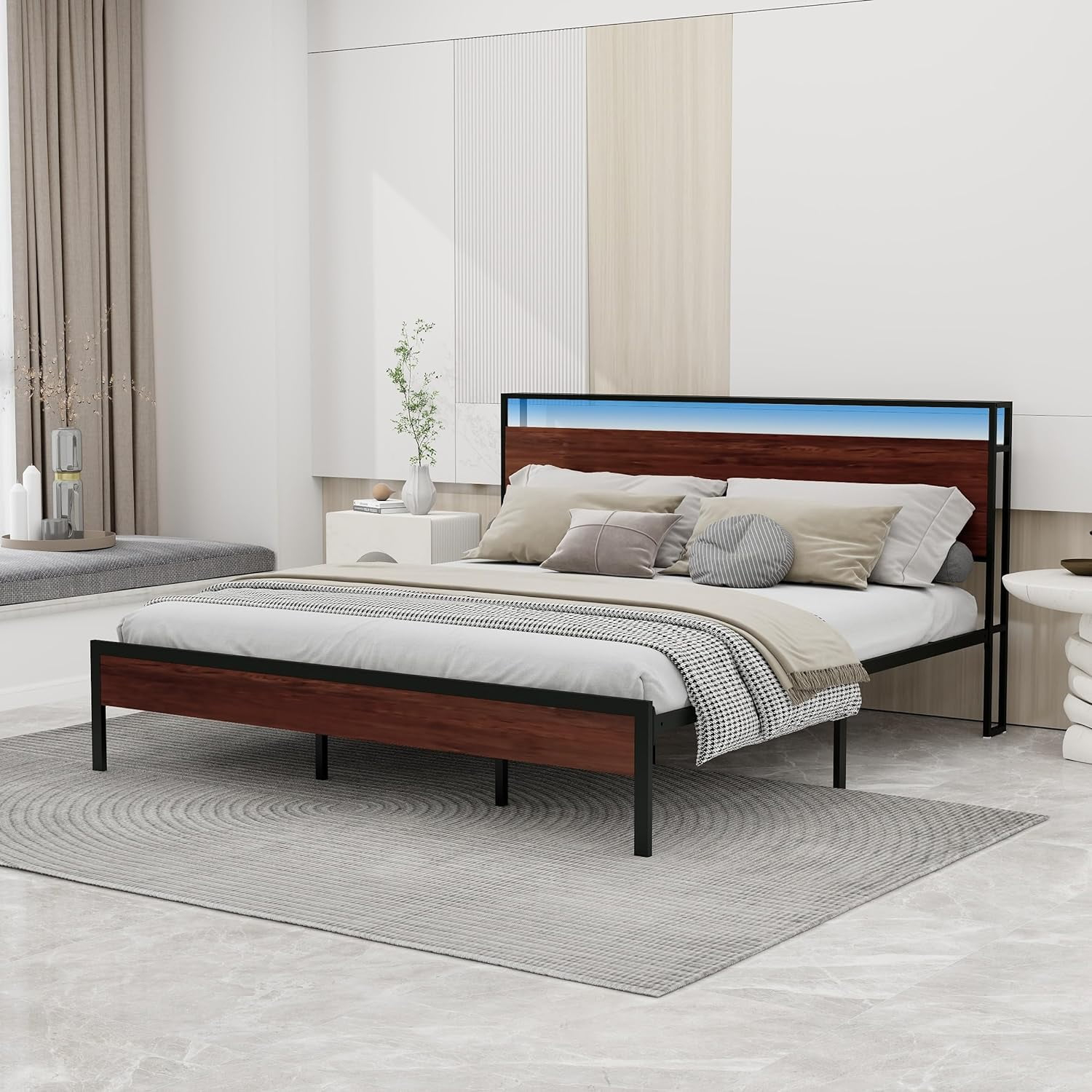 NNV King Size Metal Platform Bed Frame with USB Ports & AC Outlets, LED Lights Storage Headboard, Mahogany