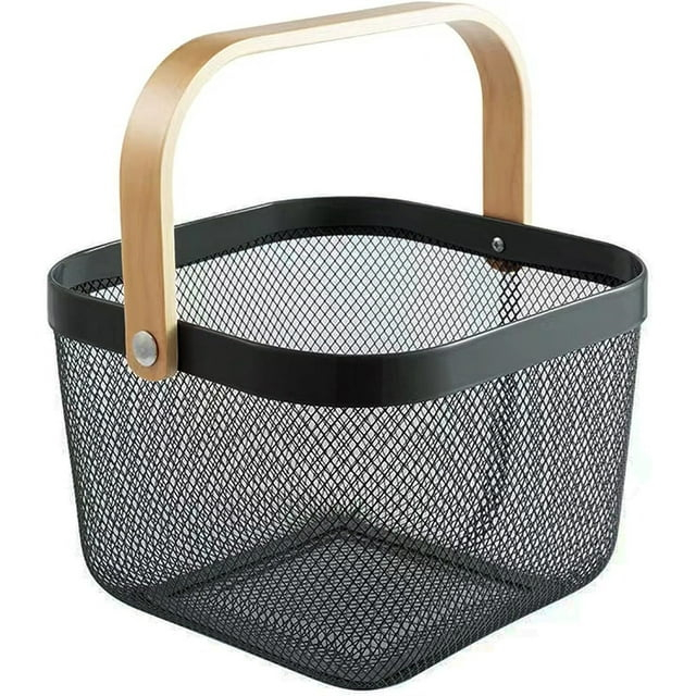 Black Metal Mesh Basket with Wooden Handle for Storage