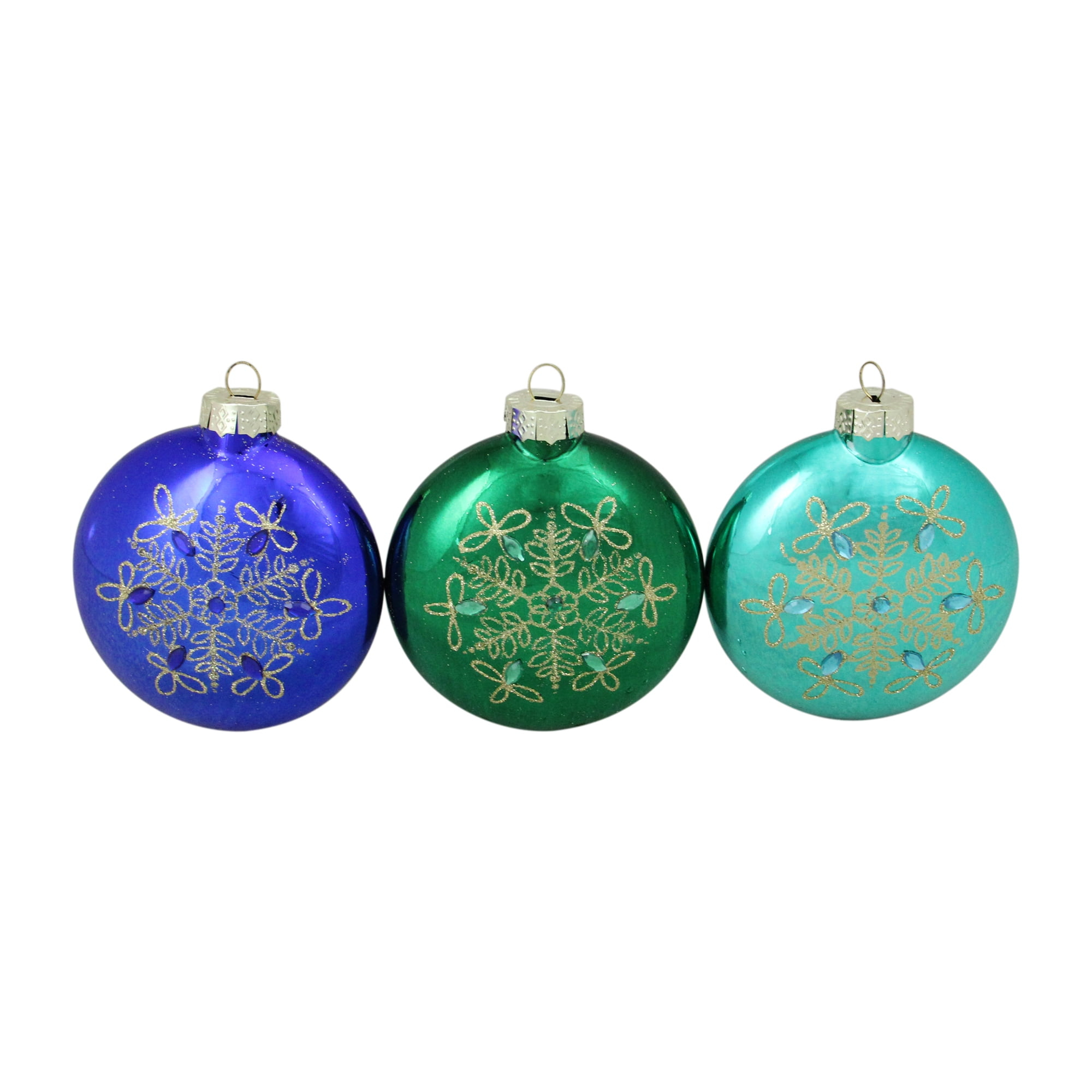 Set of 3 Blue and Green Glitter Snowflake Disc Shaped Glass Christmas Ornament 3.25" (82mm) (Set of 3)
