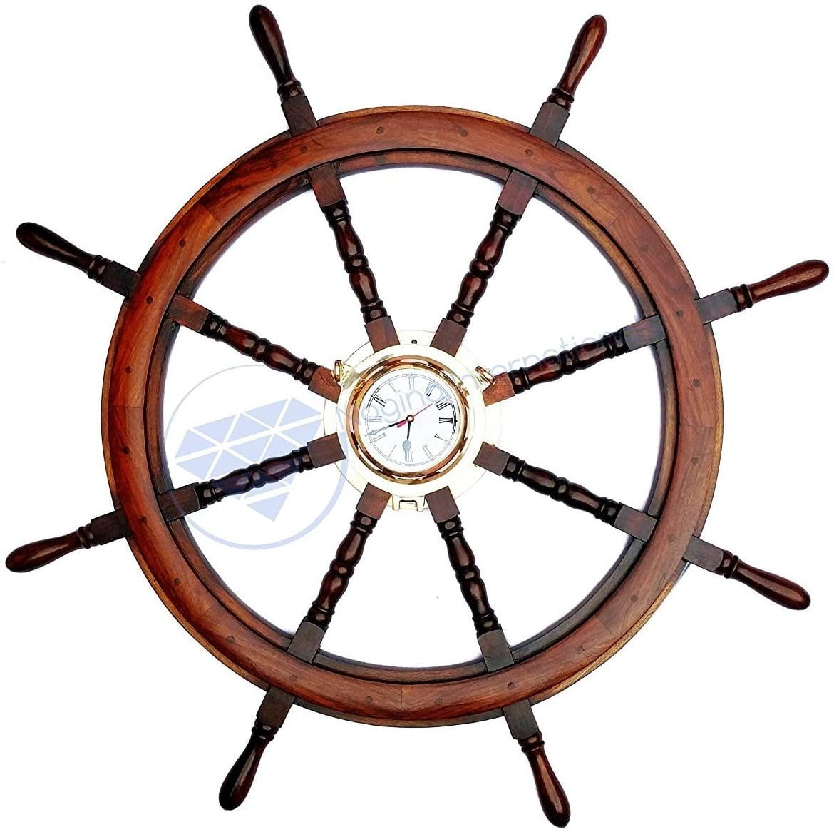 Handcrafted 30" Brown Wood and Brass Nautical Ship Wheel