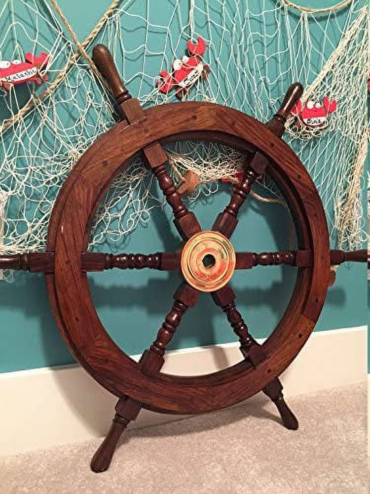 Handcrafted 30" Brown Wood and Brass Nautical Ship Wheel