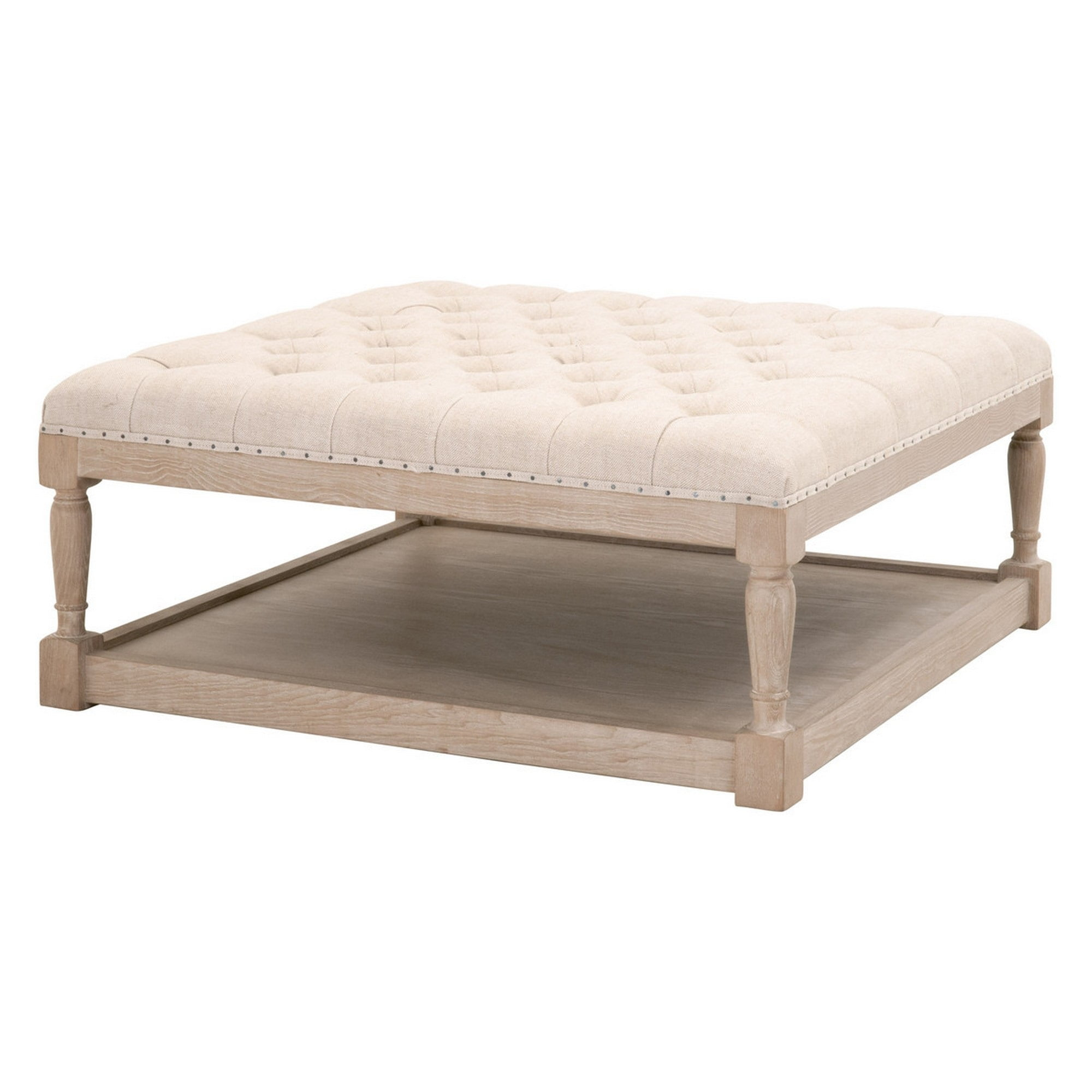 Nailhead Trim Fabric Upholstered Tufted Coffee Table, Beige