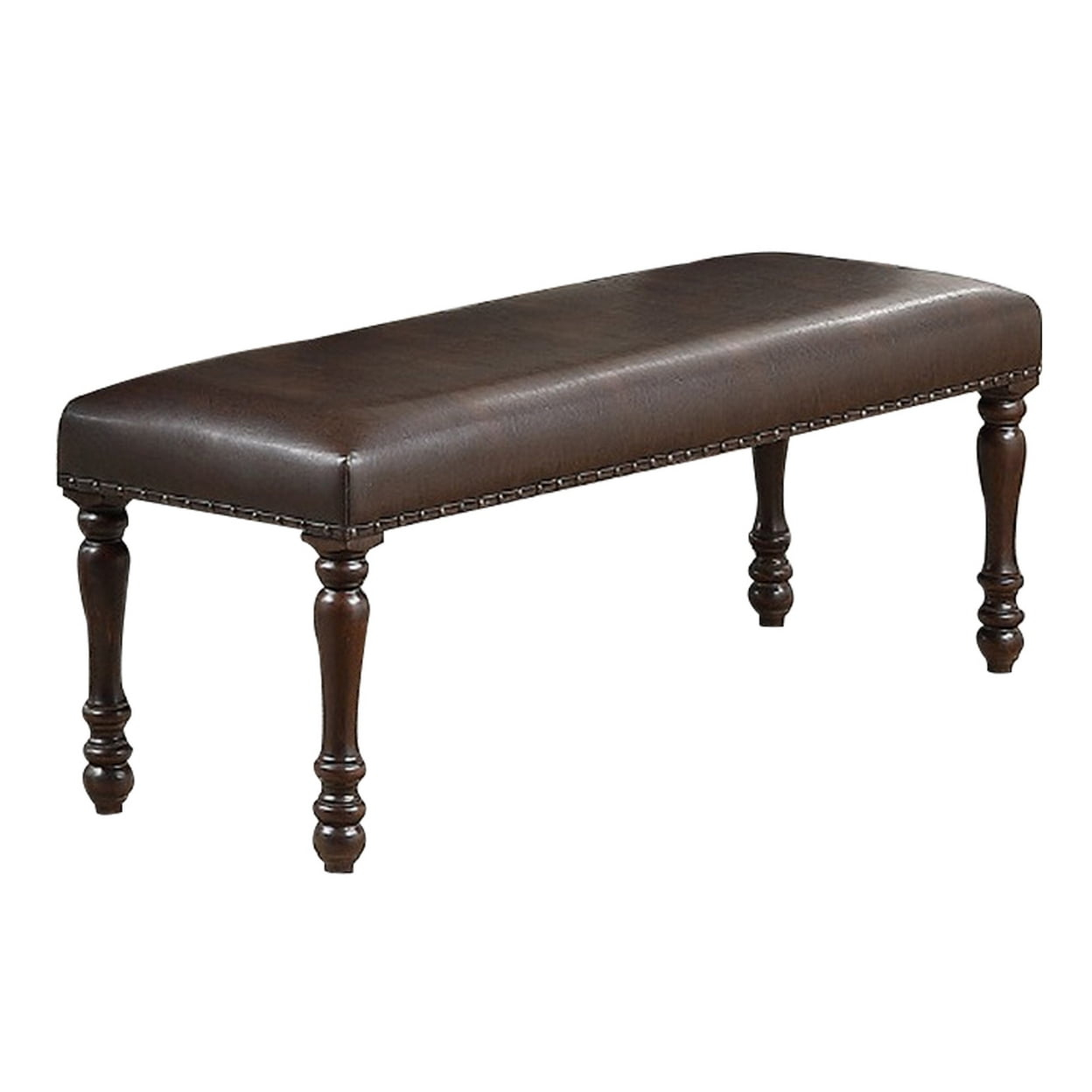Nailhead Trim Faux Leather Dining Bench with Turned Legs Brown - Saltoro Sherpi