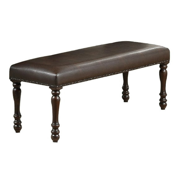 Nailhead Trim Faux Leather Dining Bench with Turned Legs Brown - Saltoro Sherpi