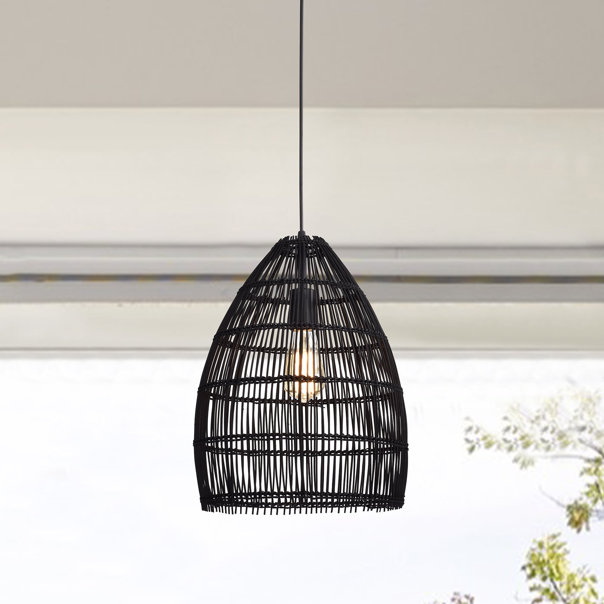 Naira Black 1-Light Rattan Cage Basket Pendant Light