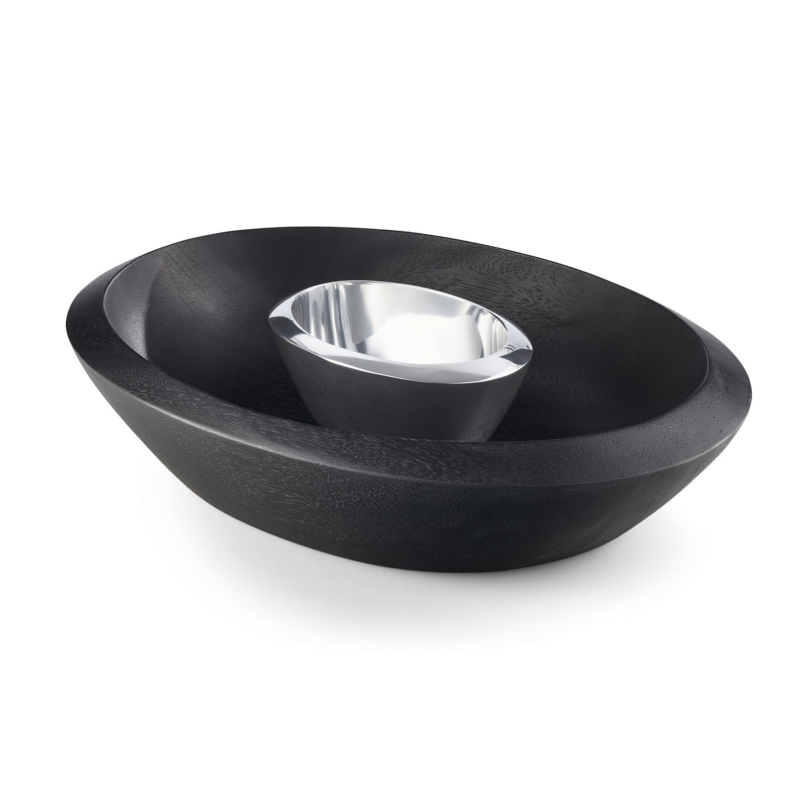 Nambe - Noir Collection Dark Stained Acacia Wood Chip & Dip Serving Bowl with Nambe Alloy Dip Bowl #MT1468