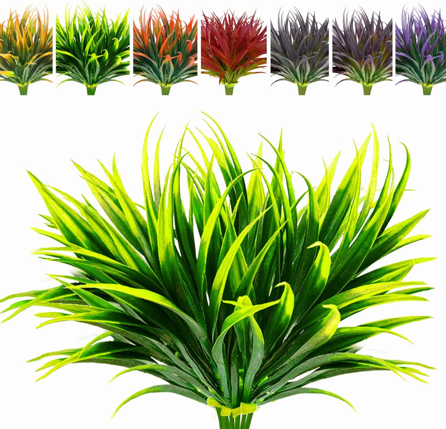 Nvzi 8 Pcs Outdoor Fake Plants UV Resistant Artificial Tall Grass Plants Faux Tropical Flowers Bushes Décor Green