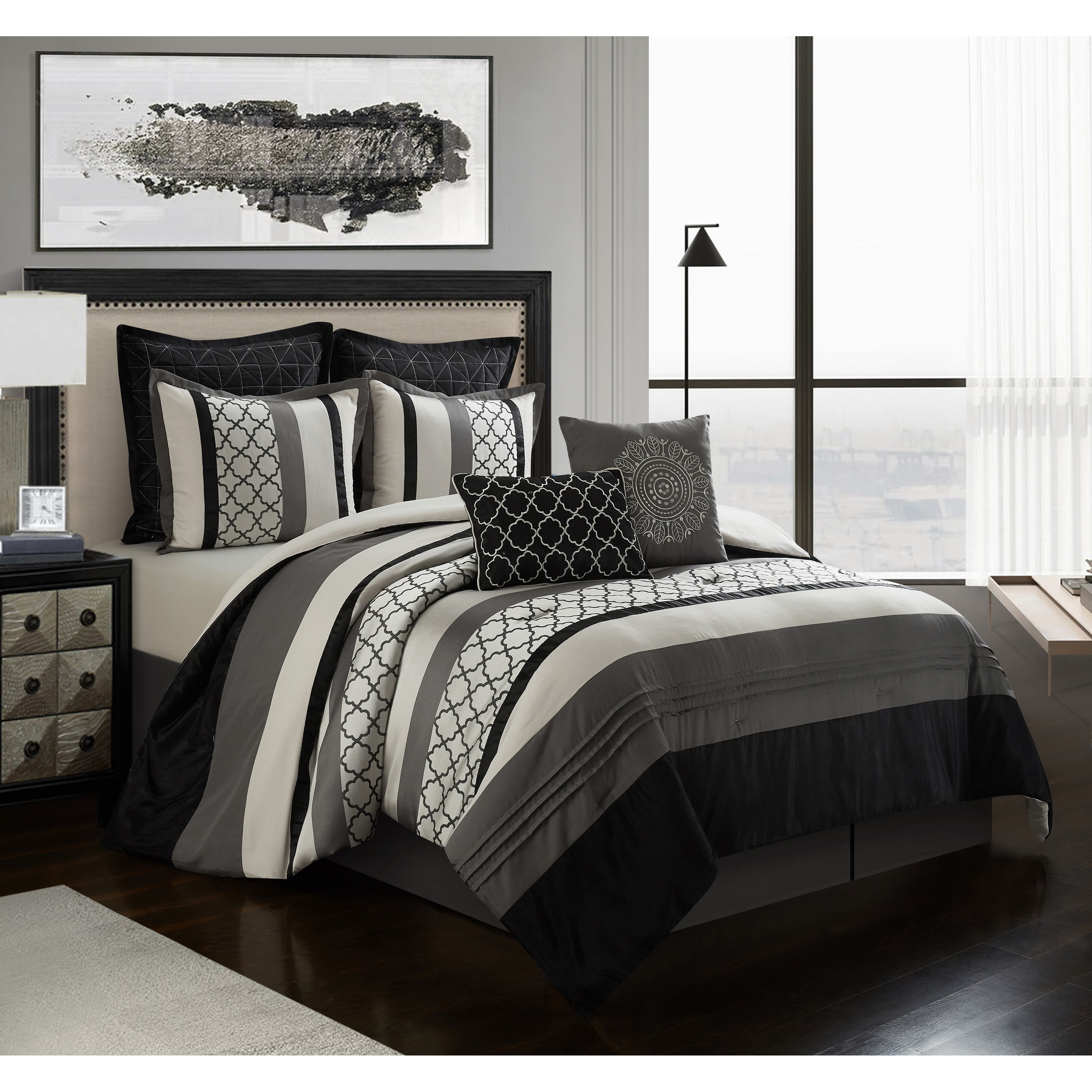 Nanshing Avalon 8 Piece Trellis Moroccan Print Comforter Set, Black/Grey, King