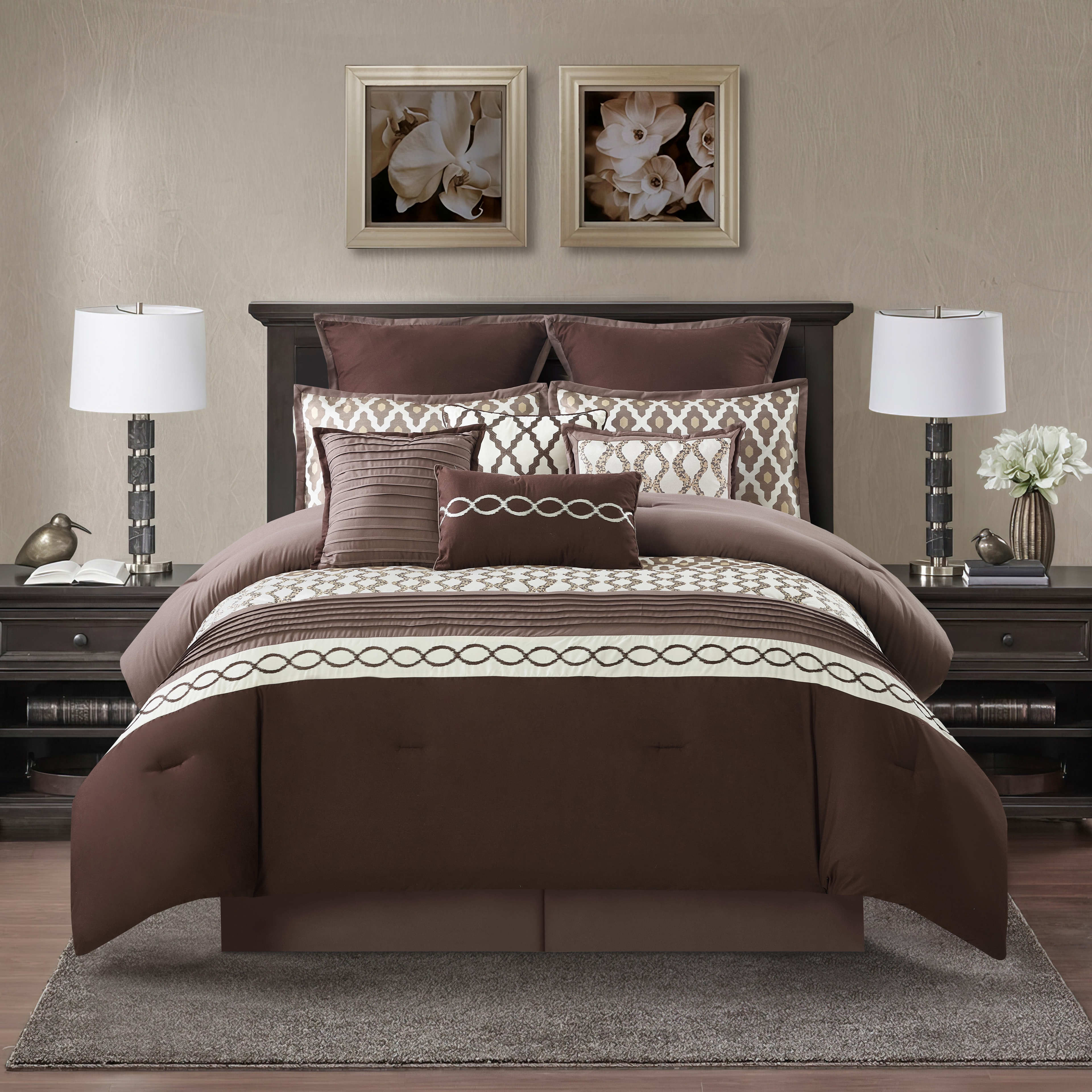 Nanshing Donovan 10PC Geometric Luxury Comforter Set, Brown, Queen